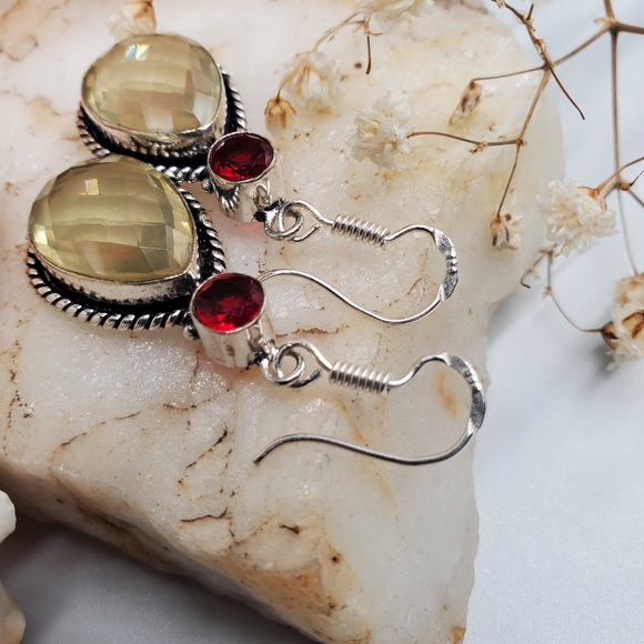 Genuine Stone Lemon Quartz Cherry Quartz Earrings - Picture 3 of 6